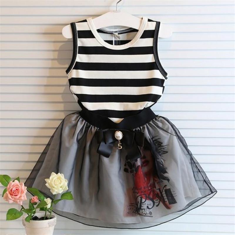 

Girl Striped Vest Short Skirt Yarn Splicing Piece T-shirt Skirt 2017 British And American Fashion Style kid307, Black and white