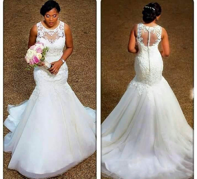 

Lovely Mermaid White Ivory Wedding Dresses Sheer Neck Appliques Lace Tulle Plus Size Wedding Dresses Cheap Bridal Gowns Illusion Back