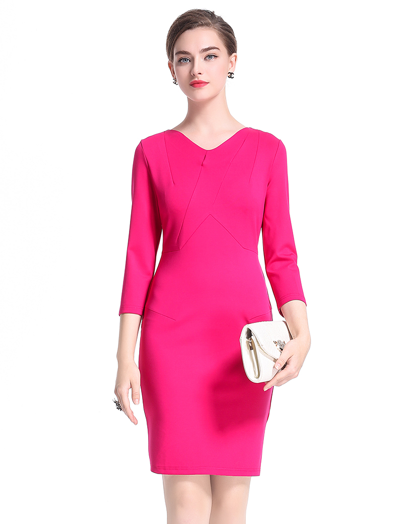 

2017 Women Sheath Dress 3/4 Sleeve V-Neck OL Office Lady Work Dresses 0917169, Pink