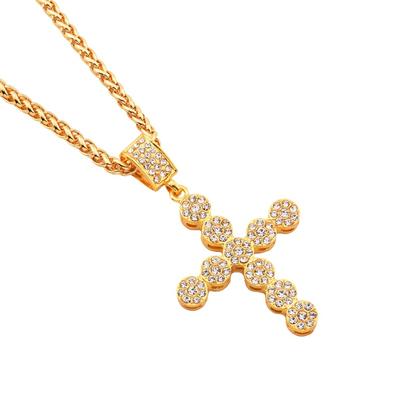 

Fashion Men Big Cross Gold Pendant Necklace Full Rhinestone Long Chain Rock Micro Hip Hop Jewelry Necklaces For Mens Women