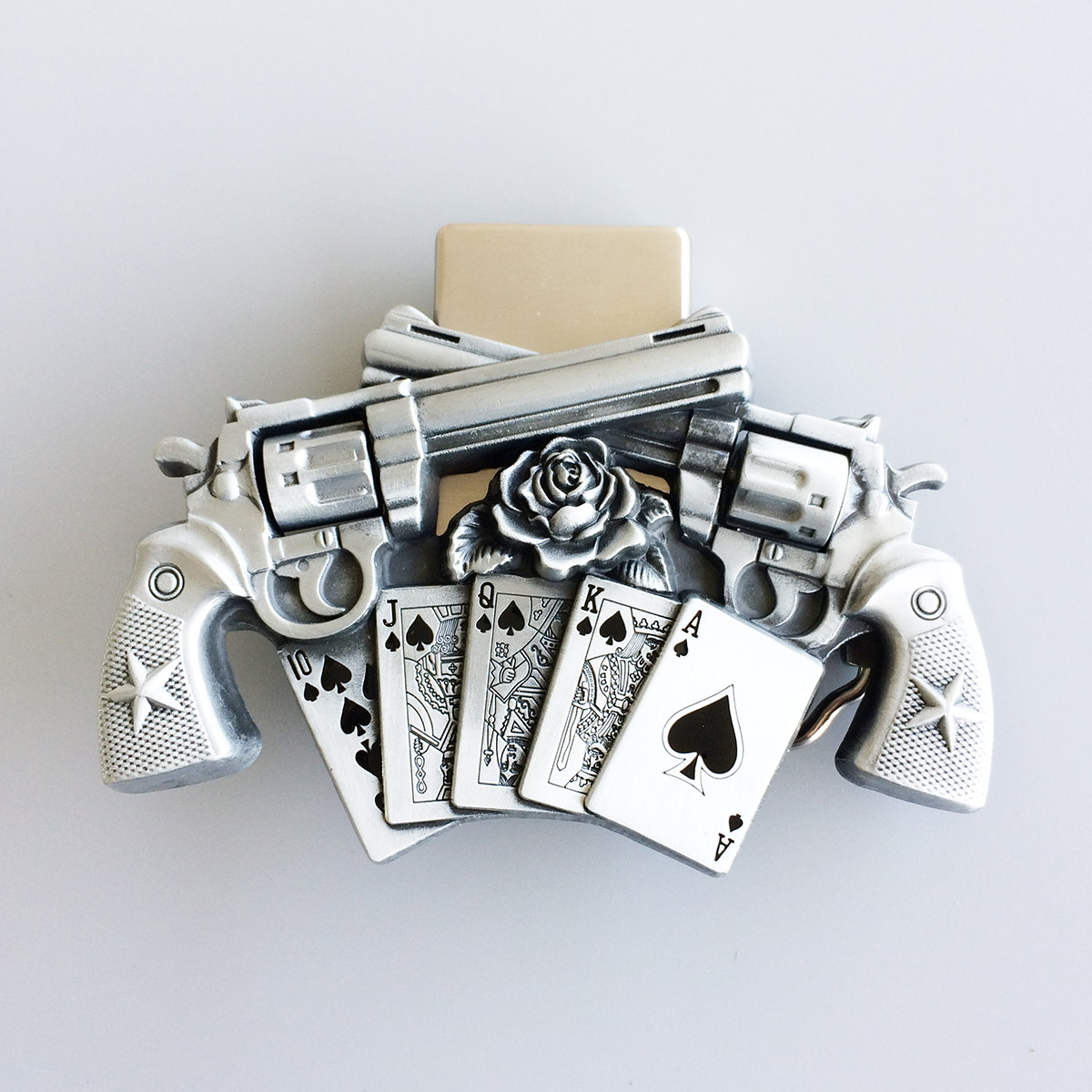 

Men Belt Buckle New Vintage Gun Royal Flush Poker Spinner Lighter Belt Buckle Boucle de ceinture BUCKLE-LT017 Brand New, Slivery;black