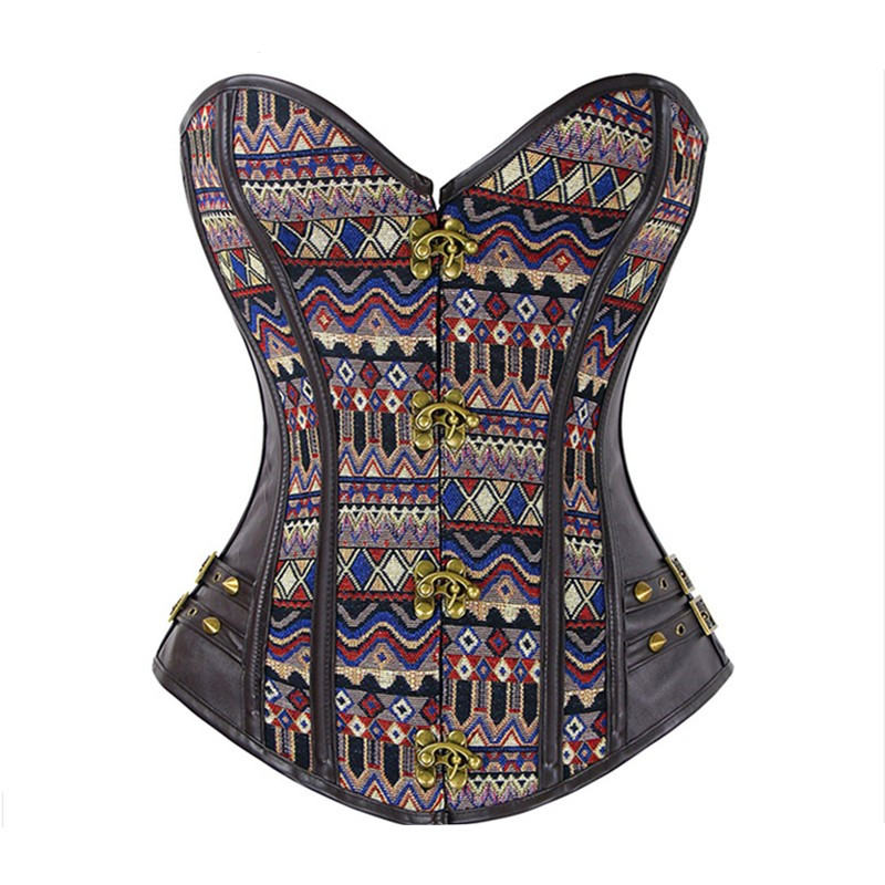 

Women Steampunk Bronze Clasp Jacquard Tribal Spiral Steel Boned Overbust Gothic Corset with Side Leather with Buckles Trim and Rivets Detail, Brown
