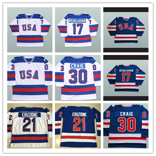 

1980 miracle on ice 17 Jack O'Callahan 21 Mike Eruzione 30 Jim Craig 1980 USA Miracle Hockey Jerseys Olympic Stitched, White 21