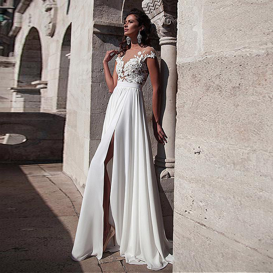 

Chiffon Bateau Neckline A-line Wedding Dresses With Lace Appliques Front Slit Elegant Chiffon Short Sleeves Bridal Dress, Ivory