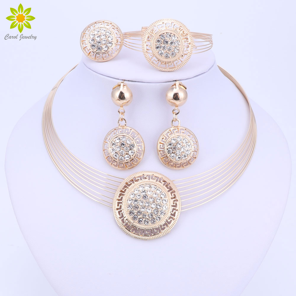 

Bridal Gift Nigerian Fashion Jewelry Sets For Women Wedding Necklace Earrings Bracelet Ring Set Gold Color Crystal Accessories