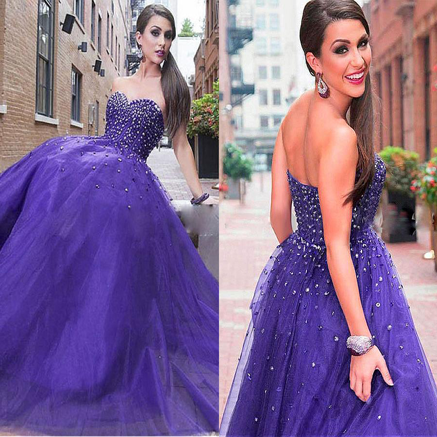 

Sweetheart Neckline Ball Gown Prom Dresses With Beading Exposed Boning Purple Tulle Evening Gowns vestidos de fiesta baratos, Gold