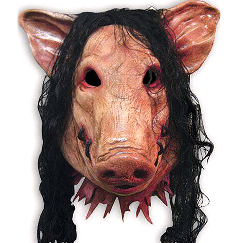 

Pig Head with Black Hair Silicon Masks Halloween Party for Full Head Cosplay Costume Moive Tools Adult Saw Animal Scary Masks