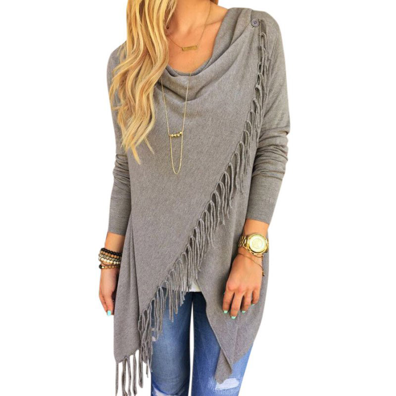 

Wholesale-Autumn Winter Cape Poncho Solid Womens Capes And Ponchoes Women Oversized Sweater With Tassel Turtleneck knitted Plus Size, Grey
