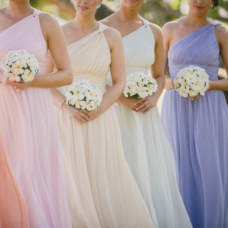 

Colorful One Shoulder Bridesmaids Dresses Custom Made Elegant Chiffon Floor Length Wedding Guest Dress Cheap Summer Maid Of Honor Dresses