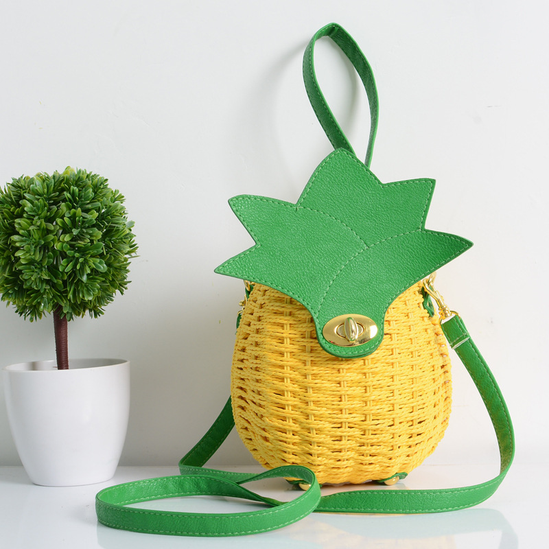 

Messenger Bags Women Straw Handbag Cute Fruit Bag Pineapple Package Pure Hand-Made Woven Circular, Yellow
