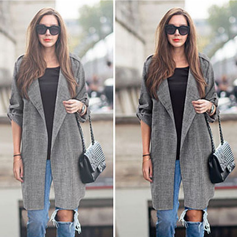 

Wholesale- Women Slim Thin Outerwear Casual Lapel Windbreaker Cape Coat European Style Linen Long Cardigan Jacket Plus Size, Gray