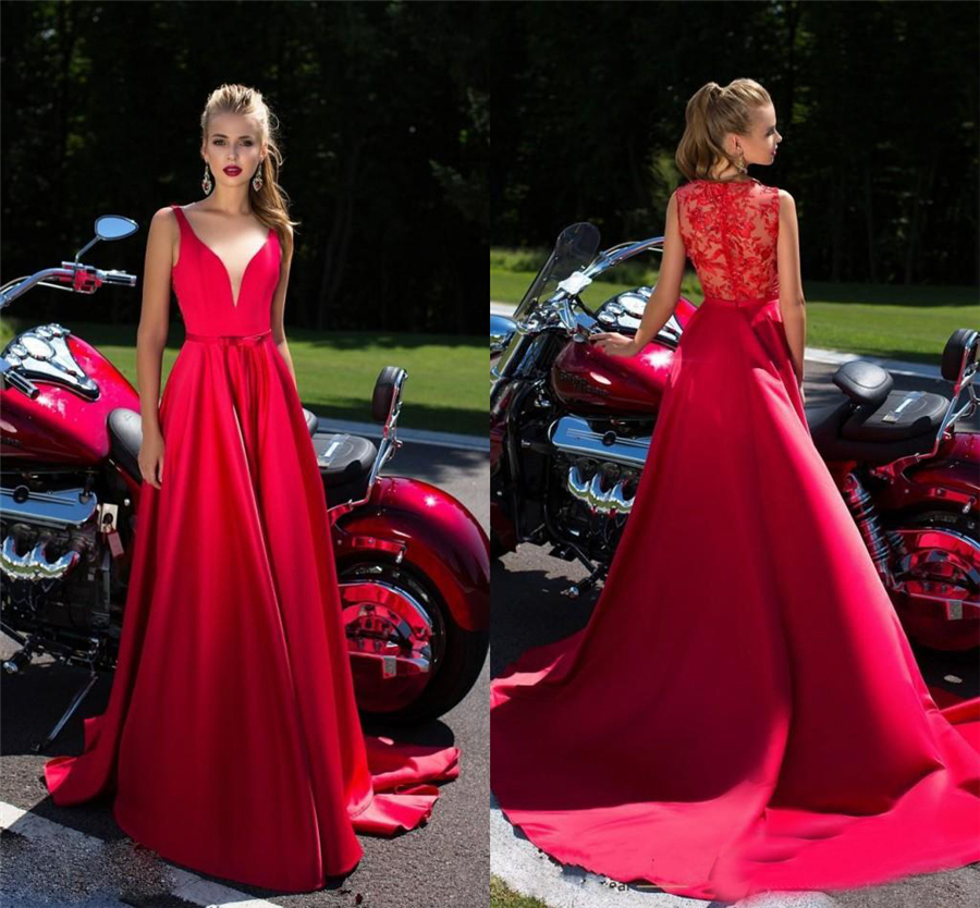 

New Red See Through Lace Back Prom Dress Deep V-neck Evening Party Gowns A-line Vestidos De Fiesta, Gray
