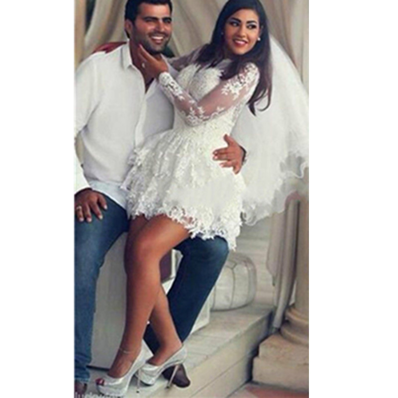 

See Through Short Wedding Dress 2019 Long Sleeve Sexy Hollow Lace Mini Plus Size Bridal Gowns Custom Made Modern Handmade Appliques, White