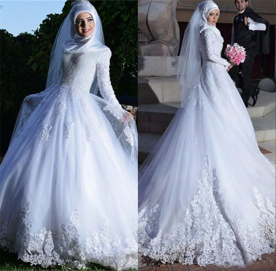 

Long Sleeves Lace Applique Lace Up Back Arabic Islamic A-line Bridal Gowns Elegant Muslim Wedding Dresses robe de mariage, Ivory