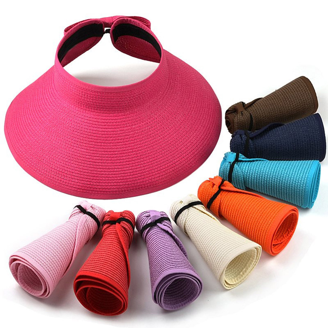 

Bucket Hats Wholesale Fashion Style Women Lady Foldable Roll Up Sun Beach Wide Brim Straw Visor Hat Cap, Color1