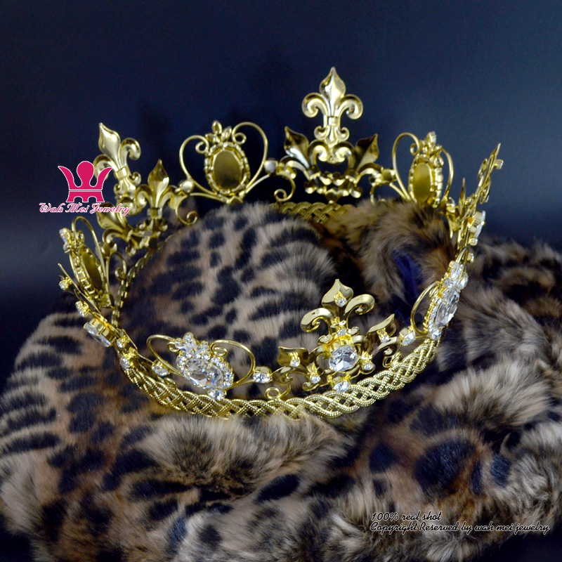 Full Crown Gold Imperial Majestic Rhinestone Men Women Royal Prince Queen Princess Cosplay Style Party Show metal Hair Accessories MO213
