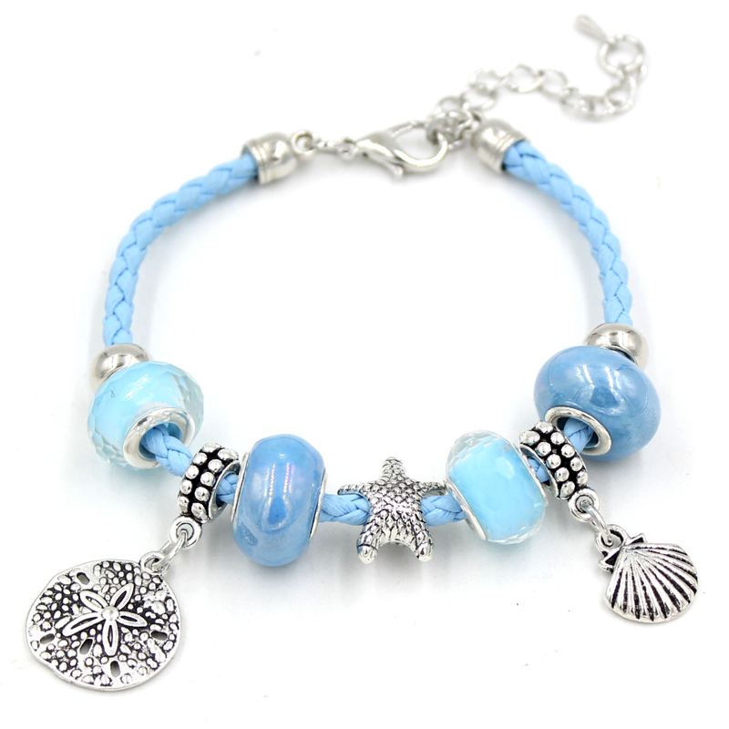 Nouvelle arrivée bracelet à breloques océan plage bracelet à breloques bleu clair en cuir corde sable dollar bracelets à breloques pour femmes bi