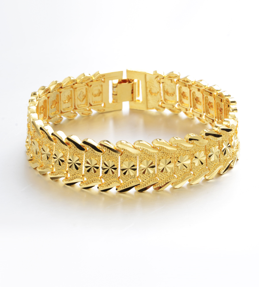 

Carved Star Explosion Pattern Chain 18K Real Gold Plated Mens Watch band Bracelet 9" ,12MM Wide, Black