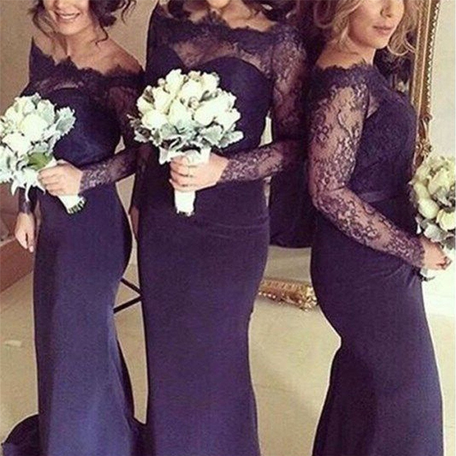 

Sexy Off the Shoulder Purple Long Sleeves Mermaid Lace Wedding Party Dress for Bridesmaids Wedding Guest Dresses