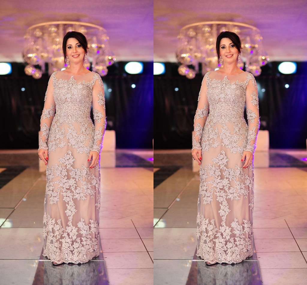 

Elegant Mother of the Bride Dresses Sheer Neck with Long Sleeves Mother Dresses Decals Formal Evening Dresses with Crystal