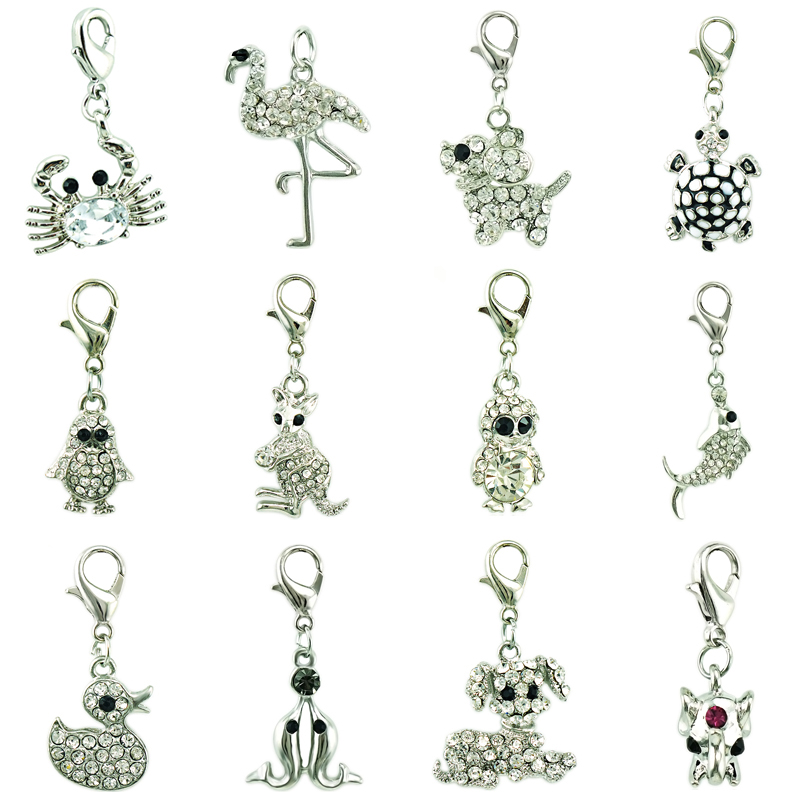 

12pcs/Lot Mix Sale White Rhinestone Floating Animals Charms With Lobster Clasp DIY For Jewelry Making Accessories
