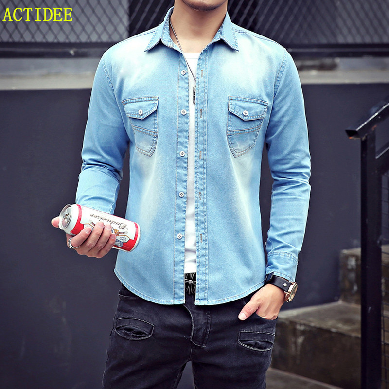 

Wholesale- 2016 2017 High Quality Long Sleeve Denim Shirts Men Casual Shirt Fashion Slim Men Women Jeans Shirts for Lovers Plus Size 3XL, Dark blue