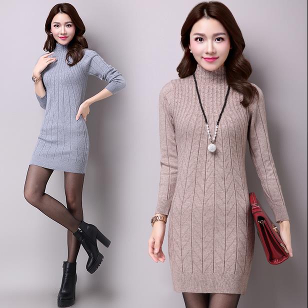 

Wholesale- Autumn and winter new turleneck knit dress Long Sleeve Women Sweater Dress Pullovers Plus Size xxxl, Black