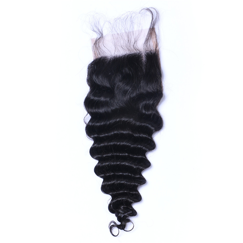 

Deep Wave 4x4 Human Hair Lace Closures Natural Black Bleached Knots Pre-plucked, Natural color