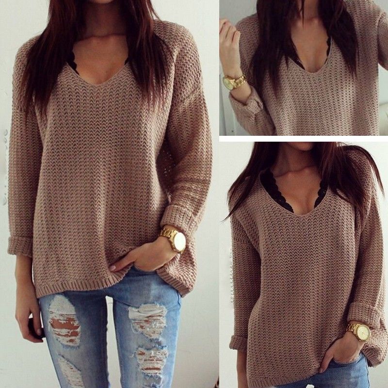 Wholesale-Autumn Winter Womens Casual Jumper V Neck Long Sleeve Pullover Tops Ladies Knitted Sweaters Loose Dark Color for women clothing