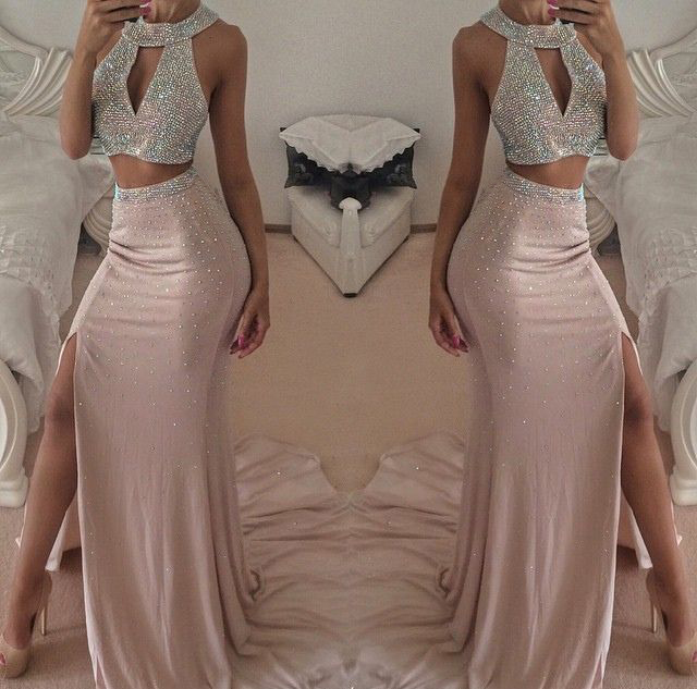 

Long Sexy Formal Prom Gowns 2023 Beaded Halter Two Piece Prom Dresses High Slit Sweep Train Pink Backless Evening Dress, Dark navy