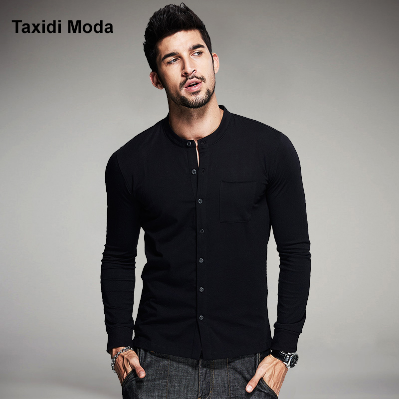 Wholesale- 2016 Autumn Mens Fashion T Shirts Button Black Brand Clothing Long Sleeve Man's Collar Cardigan T-Shirts Tops Tees Plus Size
