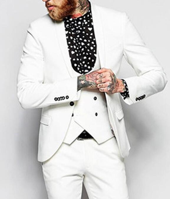 2018 White Wedding Tuxedos Groom Wear Trim Fit Shawl Lapel Three Piece Men Suits for Groomsmen (Jacket + Pants + Vest)
