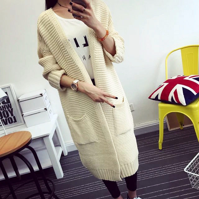 Wholesale- 2016 Fashion Autumn Winter Style Long Sleeve Loose Thick Knitted Cardigan female Sweaters Long Coat Women Sweater Long Cardigan