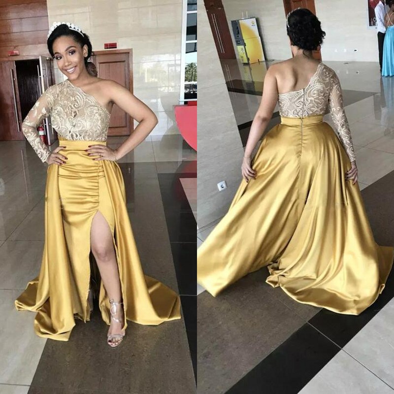 

Modest 2018 Ivory Lace One Shoulder Long Sleeve Gold Elastic Silk Like Satin Side Split Mermaid Prom Dresses Long With Overskirt EN12084