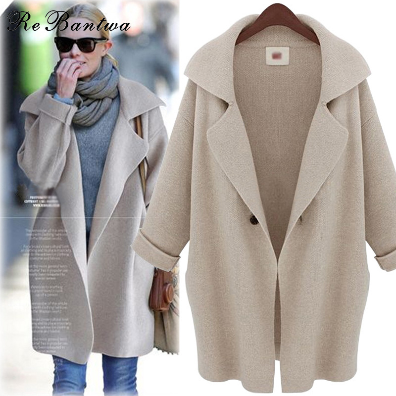 Wholesale- Rebantwa Spring Autumn Mid-long Knit Sweaters Cardigan Women Long Sleeved Loose Beige Coat 2017 New Fashion Outerwear Plus Size