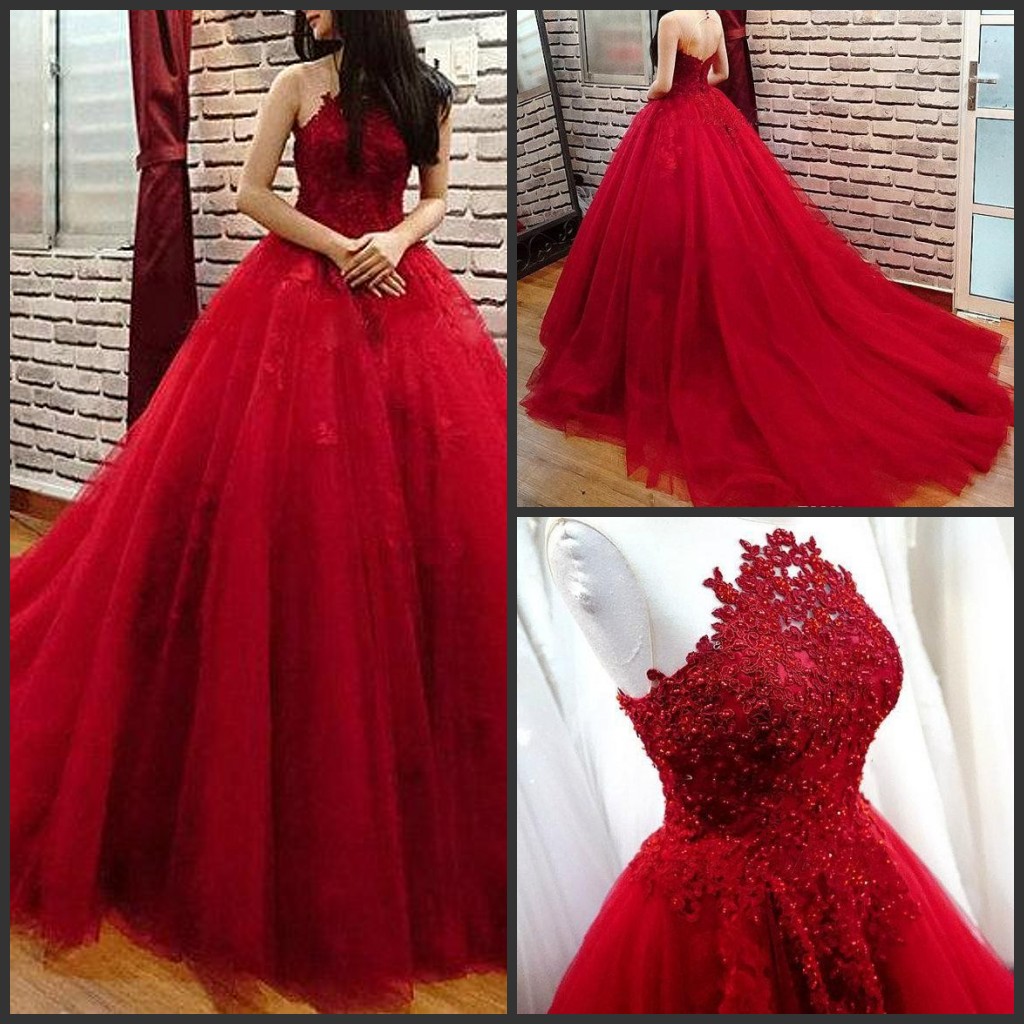 

Dark Red Ball Gown Evening Dresses 2017 New Jewel Neck Lace Appliques Beads Tulle Puffy Custom Made Backless Prom Dress Formal Party Gowns, Water melon