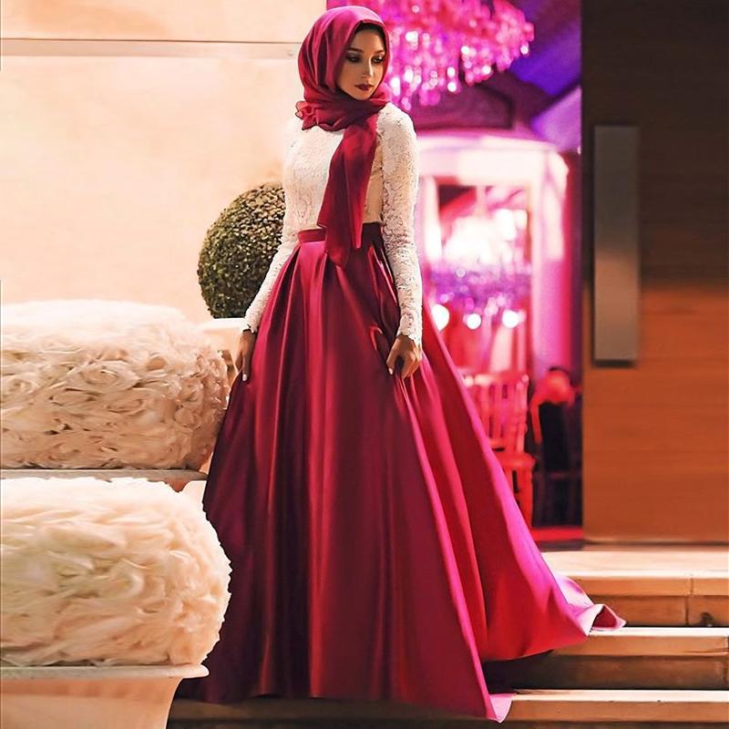 Elegant Muslim Long Sleeves High Neck Evening Dresses 2019 Red Satin Lace Top Long Formal Prom Gowns With Scarf