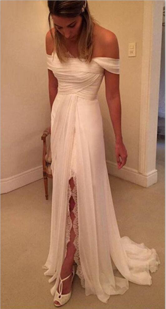 

Strapless Off the Shoulder Summer Beach Wedding Dresses Sheath Chiffon Cheap Country Wedding Gowns Pleats Top Leg Slit Bohemia Bridal Dress, White