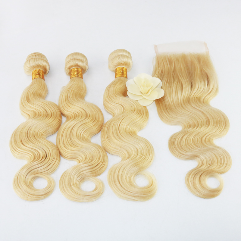 

7A Brazilian Virgin Hair 3 Bundles with Closure 100% Unprocessed Color 613# Human Hair Body Weave With Lace Closure, 613# color