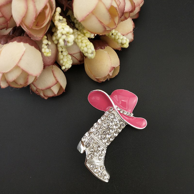 50pcs 50mm cowboy boots with hat brooch pin silver tone clear rhestone pink enamel trendy shoe jewelry wedding pins for sale-image-399705843