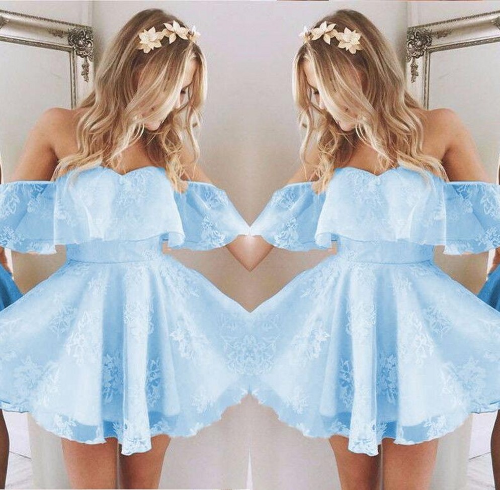 

Vintage New Short Homecoming Prom Dress Lace Applique Beaded Fashion Ice Blue Off Shoulder Cocktail Party Gowns Custom Made, Yellow