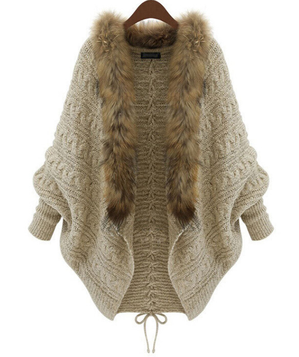 

Winter New Cardigan Poncho Fur Collar Outerwear Women Sweater Knitted Brand Casual Knitwear Jacket  Shipping, As picture