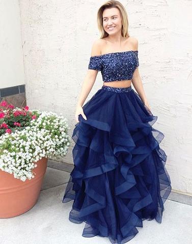Off the shoulder Navy Blue Two Piece Prom Dresses Ruffles A line Tulle Crystal Beaded Bodice 2022 Backless Sequin Dresses Women Girls