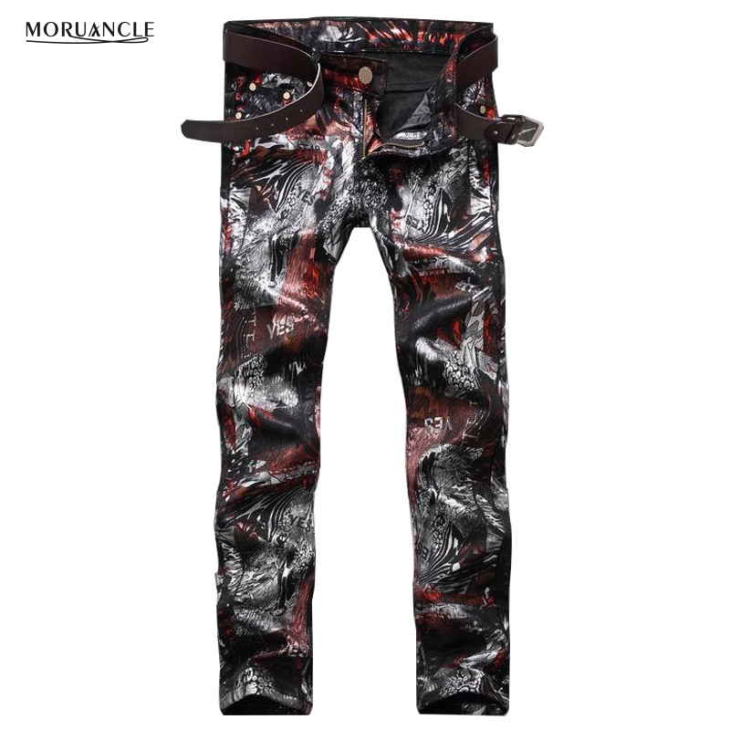 

Wholesale- Fashion Mens Floral Printed Jeans Pants Slim Fit Hip Hop Painted Denim Joggers Man Club Wear Personality Jeans Trousers Straight