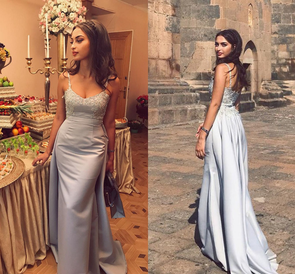 

Silver Mermaid Evening Dresses V Neck Spaghetti Straps Appliques Beaded Satin Over Skirt Backless Long Prom Dresses Sweep Train, Fuchsia