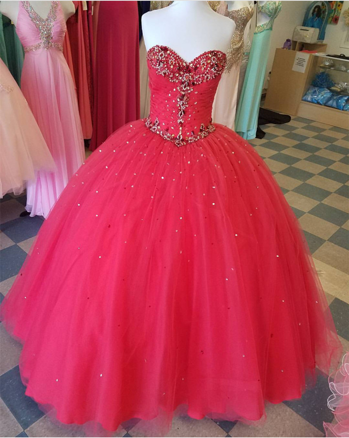 

2018 Hot Pink Ball Gown Evening Quinceanera Dresses Sweetheart Corset Back With Bling Crystal Rhinestones Beaded Tulle Prom Formal Gowns