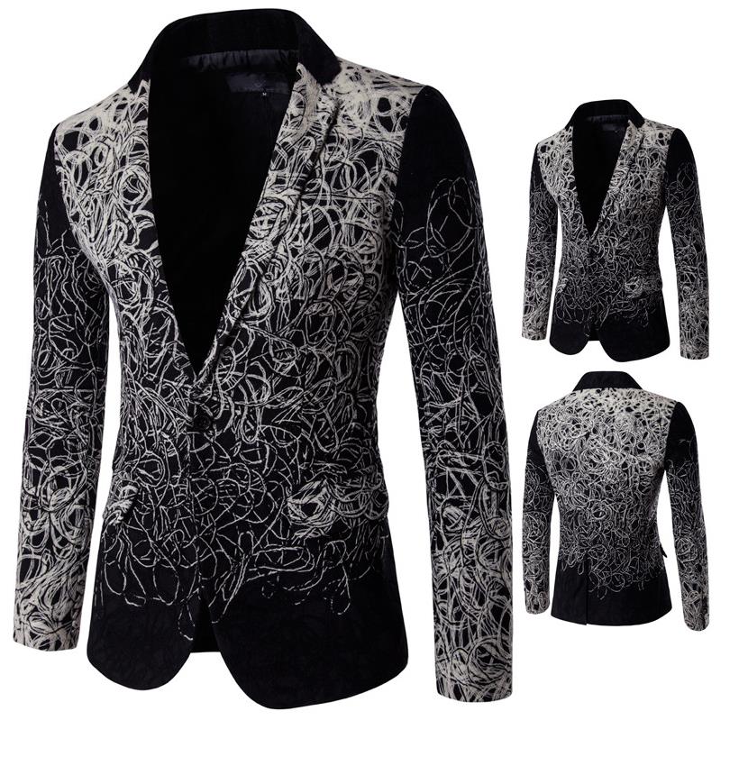 

Disa Floret Suits Blazer Men Design Pattern Black Acting Suit Long Sleeve Turn Down Collar Single Breasted Mens Dress Blazer Free Ship