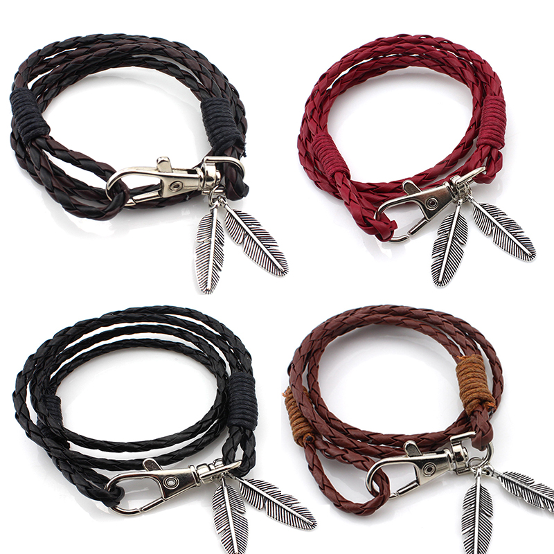

Wholesale- 2016 Fashion Leather Bracelet Feather Leaf Wrap Braided Wristband Cuff Punk Multilayer Bracelet Men Women Charm Bracelet Bangle