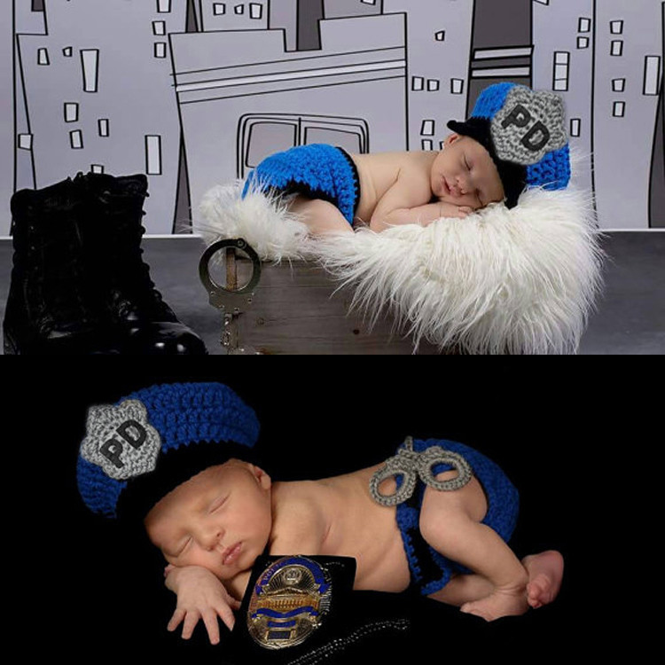 

Newborn Photography Prop Police Costume Crochet Wool Hat Set Baby PO Knitted Caps Outfits Photo Props, Blue