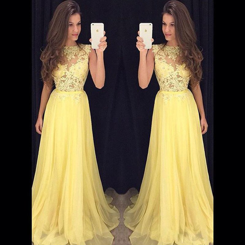 Designer See Through Corset Prom Dress with Lace Appliques Yellow Chiffon A Line High Neck Sleeveless Illusion Formal Evening Party Dresses